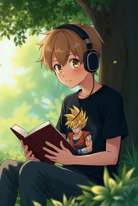  A 21-year-old boy with light brown hair   (  bright amber eyes Heart-shaped pupils )  cheeks covered in pink blush , with headphones ,(  his shirt is black with a drawing of Goku and Vegeta )The boy is sitting under a tree reading a book 
All in anime 

