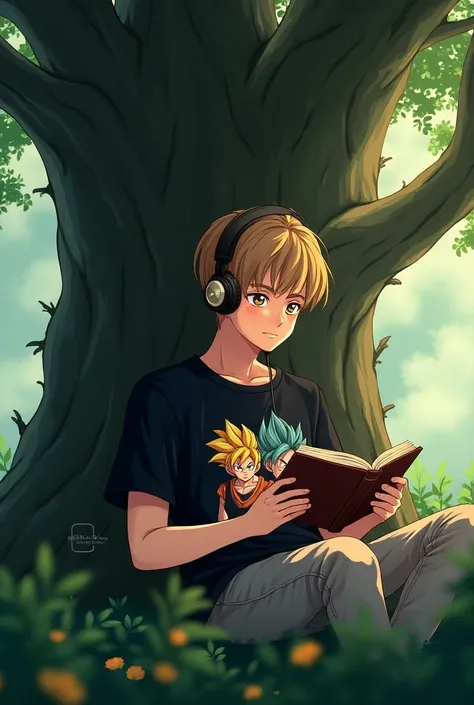 A young man with light brown hair, 21 years old, amber-colored eyes with heart-shaped pupils, rosy-cheeked, wearing headphones, sitting under a tree reading a book, anime style, black shirt with Goku and Vegeta print, highly detailed, intricate, realistic,...