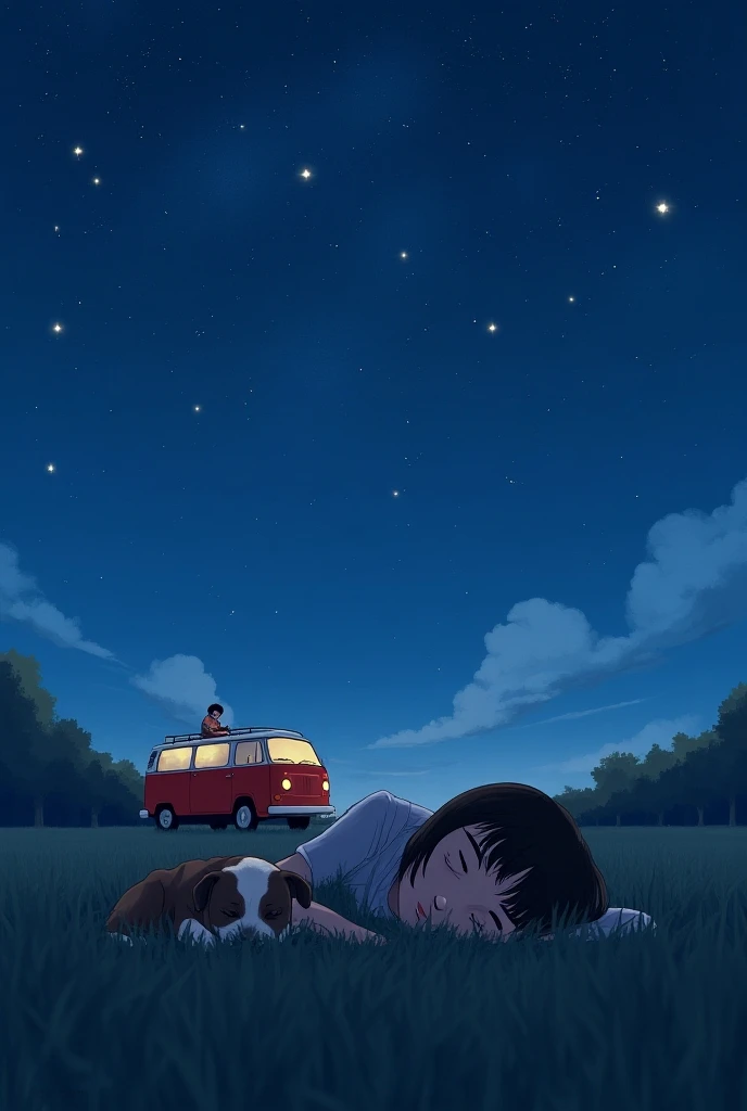 A girl with a lob bang laging on the grass looking at the sky, the sky is a very beautiful night time blue with various colors ,stars are illuminating the sky , the nught sky is very beautiful, beside the girl is a dog laid beside her, not to far from her ...