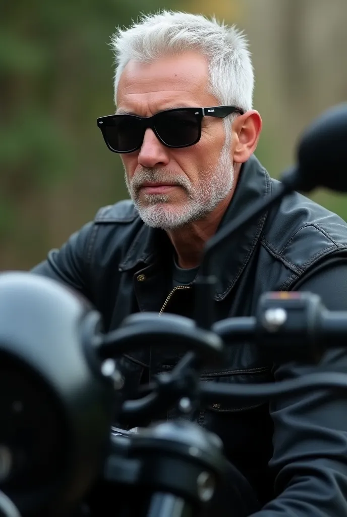 A white man with short white hair, wearing sunglasses with a black motorcycle on the side
