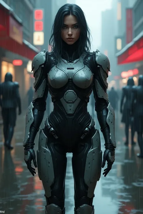 Recypu style, Cyberpunk highly detailed, high-resolution photograph.

This image is a highly detailed photo featuring a futuristic, armored female warrior standing in a rainy urban environment. The subject is clad in a complex, multi-layered exoskeleton su...