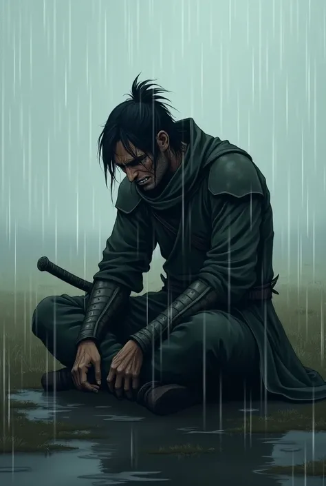 Play a human swordsman crying during a rain in a landscape sitting next to the camera in anime style 