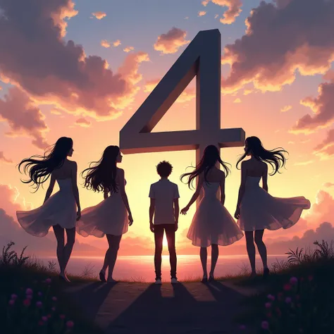 Silhouette of people, which is 4 ladies standing apart at 2 side, and 1 slim young man at center , in front of a sculpture of "4", their hair and clothes are weaving in the breeze, at dawn before sun rising , casting long shadow on ground, beautiful dawn c...