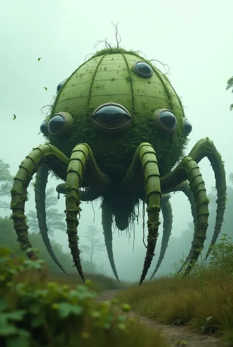 Green house with spider eyes and legs