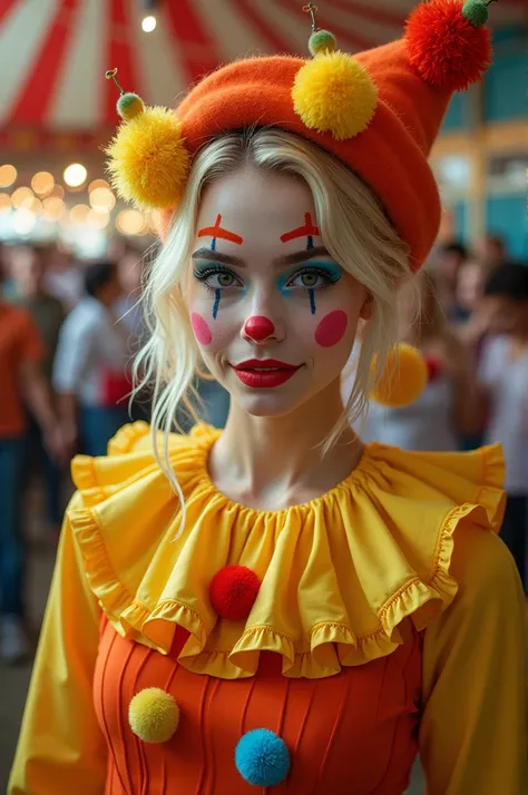 Woman in blonde clown clothes 