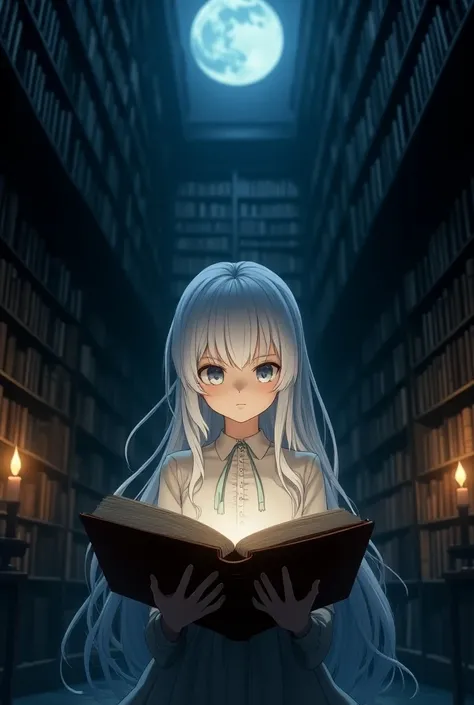 (Anime style) Anime White hair girl, holding a big ancient book, library in the background, nighttime, birds eye view