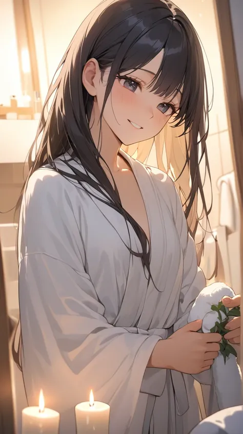 One Girl、 gentle expression、Long lustrous hair、 wear face masks 、Soft robes、Small breasts、Glowing Skin、A kind smile、  
break、  
Soft lighting、（ Relaxed Atmosphere :1.3）、Light color、Pleasant tones、 calm atmosphere 、Quiet mood、  
break、  
Bathroom settings 、...