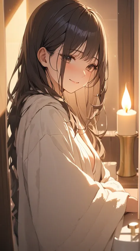 One Girl、 gentle expression、Long lustrous hair、 wear face masks 、Soft robes、Small breasts、Glowing Skin、A kind smile、  
break、  
Soft lighting、（ Relaxed Atmosphere :1.3）、Light color、Pleasant tones、 calm atmosphere 、Quiet mood、  
break、  
Bathroom settings 、...