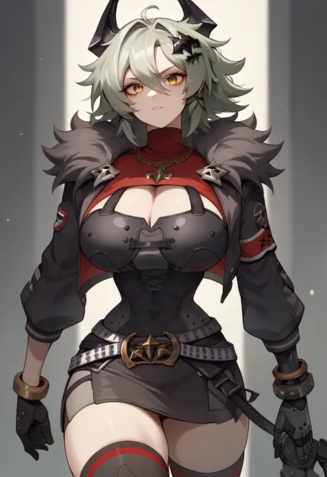 Caesar King, zenless zone zero, green grey hair, big hair, messy hair, hair between eyes, hair intakes, medium hair, amber eyes, black horns, mechanical horns, hair ornament, robotic left arm, large breasts, narrow waist, wide hips, belt, thighhighs, fur trim, black gloves, black jacket, skirt, black dress, red turtleneck, cleavage, breast armor, KING word necklace,