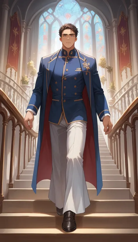 best quality, masterpiece, hyper realistic, extremely handsome japanese man, fluffy medium length hair, athletic build, elegant military ouji style clothes, walking down the stairs of fancy luxurious castle, hand on railing