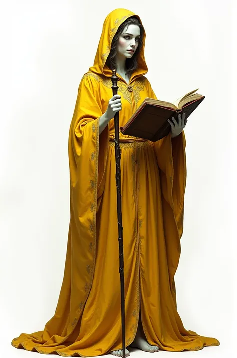 ((best quality)), ((masterpiece)), (detailed), A female loxodon, wearing yellow wizard robes with arcane designs, holding a staff in one hand and an open grimoire in the other. The figure has a calm and wise countenance, with the cloak detailed in yellow a...