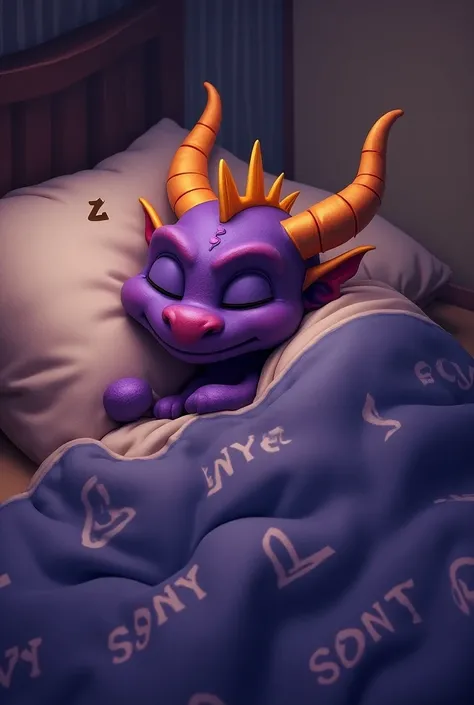 Spyro laying in bed covers the blanket with printed Words in all caps “SONY” logo on the top of the blanket, then Spyro closes his eyes and starts sleeping With a Whistling snore at night snoozing Softly 