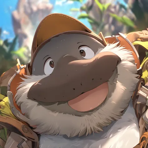 anthro, kemono, male, solo, ((round face, very plump face, thick beard)), ((endomorph body type, old-aged)), ((adventure costume:1.5)), ((platypus) fluffy fur, fluffy), (simple background), (face focus, headshot), (looking at the camera), detailed backgrou...