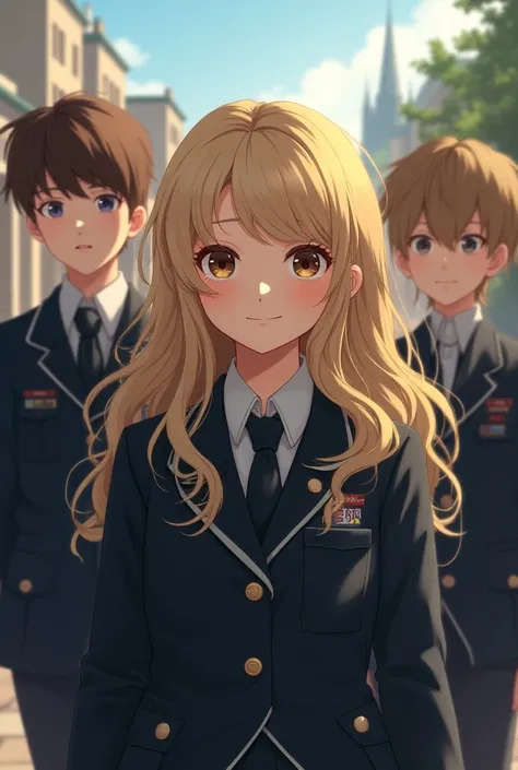 I want an image of a girl wearing a uniform and behind her 3 boys and other people all in uniform I want the girl to be blonde and pretty 