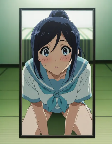 score_9, score_8_up, score_7_up, source_anime, official art, explicit, nsfw, (1girl), kasaki nozomi, Hibike! Euphonium, ((((Im reflected in a big mirror)))), ((((Touch your cheek with one hand)))), (((front view))), (upper body), black hair, ponytail, ((wa...