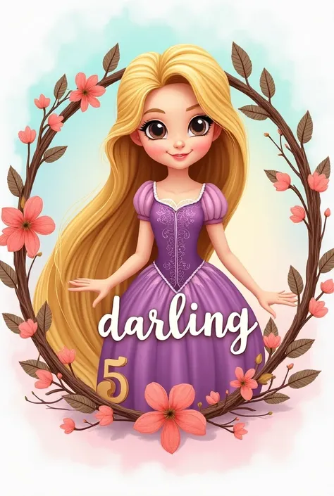 Birthday logo with baby princess Rapunzel entangled with the name Darling and a number 5 inside a circle 