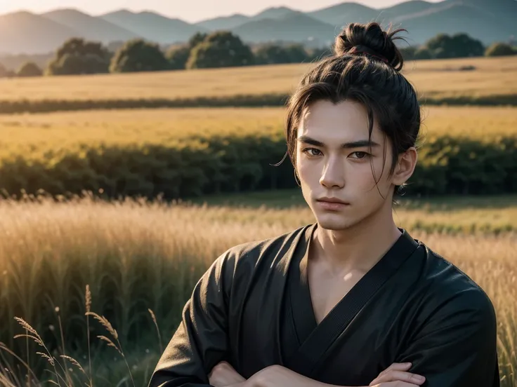 Film photography style: a handsome young man, medium hair, hair samurai bun, crossed arms, looking at the camera in a meadow at golden hour. The background is electric – a blurred field. portraite, close up