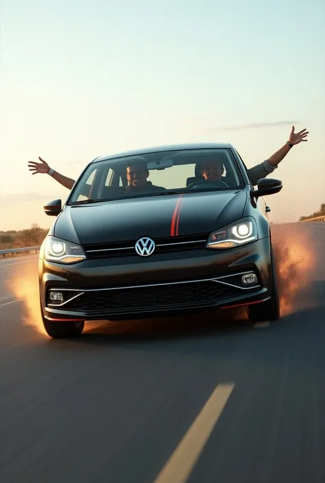 Black Volkswagen polo sedan, side profile, driving on highway, moving motion, racing stripes, flames from exhaust, jump off ramp, driver waving hands