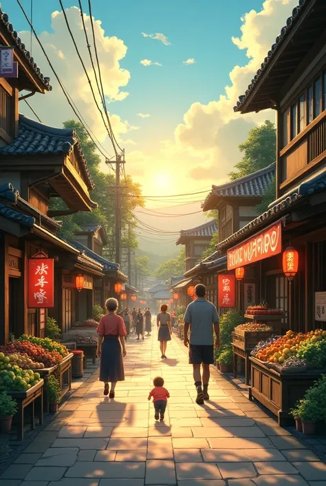 "Create a detailed scene of the streets of Konoha (Hidden Leaf Village) in the morning. The sun is just rising, casting a warm, soft light over the village. The streets are lively, with shops open and vendors selling various goods like fruits, vegetables. ...