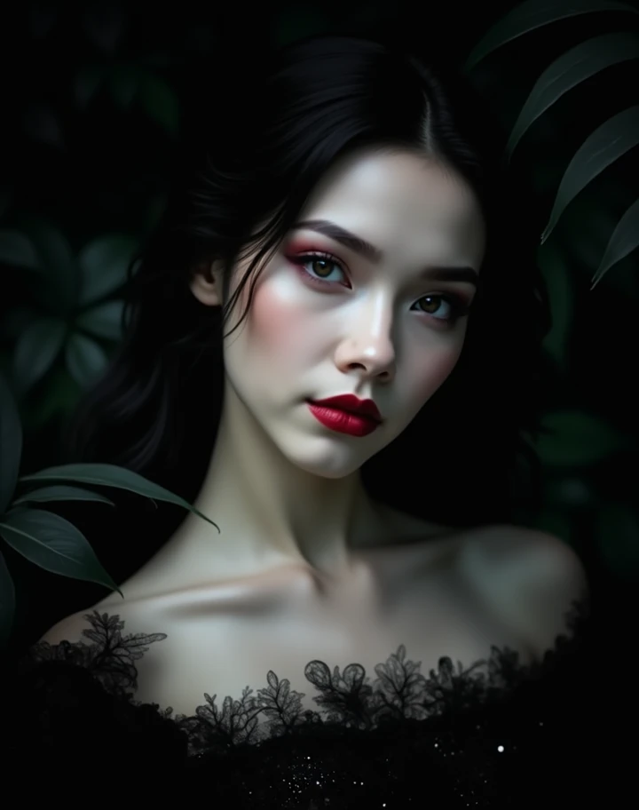 Beautiful, caucasian princess, black hair, fuller wavy and long, between eye bangs, corset style, black goth ball gown, off shoulder, in the garden.Sparkle, Optical Illusion, full image.