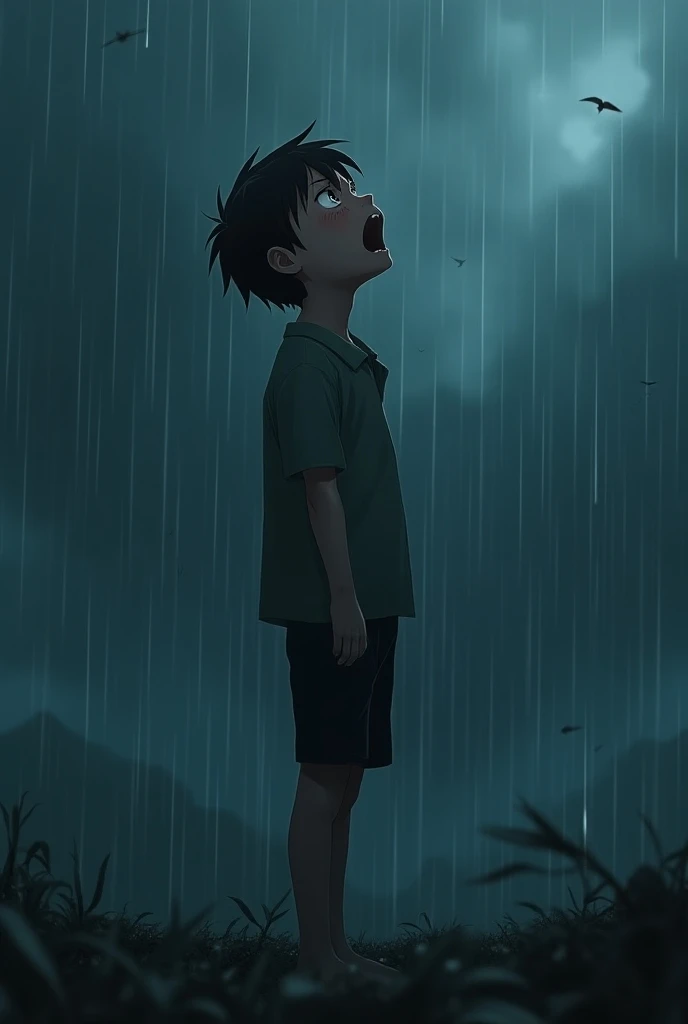 Make a boy crying while looking up at the sky in a rain standing sideways to the camera and make a face of extreme sadness and crying a lot like anime