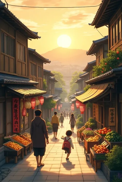 "Create a detailed scene of the streets of Konoha (Hidden Leaf Village) in the morning. The sun is just rising, casting a warm, soft light over the village. The streets are lively, with shops open and vendors selling various goods like fruits, vegetables. ...