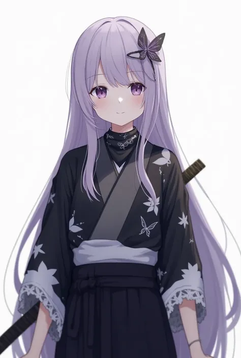  Shinobu Kocchio has long, straight lavender-colored hair, with dark tips ,  and large purple eyes .  He wears a black and white haori with a butterfly pattern ,  a black shirt and a hakama .  He wears a black bandana and a butterfly sword .  His appearanc...