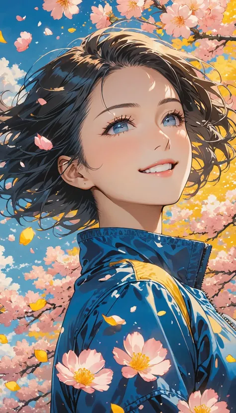 masterpiece, best quality, Stills, 1 girl Nobara Kugisaki, Floating in the air, Girl Nobara Kugisaki, Wearing a Blue bomber jacket, Nobara Kugisaki petals, Browne hair, Nobara Kugisaki (Jujutsu Kaisen), (close up:1.1), bright, Happy, pleasure, , Soft Vivid...