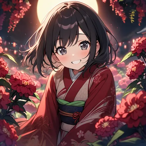 girl, happy, smile,  Staring at Viewers ,  Black Hair ,  black eyes , Big Eyes, kimono,  in a red Amaranthus flower garden,  with full moon , At night, cute, beautiful,  Relaxed Atmosphere , A vibrant academic community,  Bird&#39;s Eye View,  best quality...