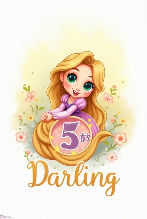 Birthday logo with the five-year-old princess Rapunzel entangled with the name Darling and a number 5 inside a circle 