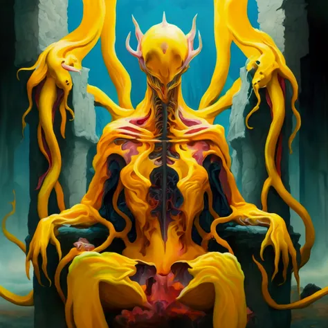 masterpiece art of hastur, non-binary humanoid eldritch being, many yellow tentacles protruding from their back, glowing yellow ...