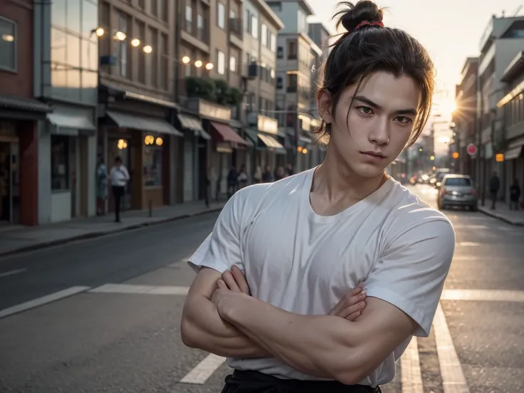 Film photography style: a handsome young man, medium hair, hair samurai bun, crossed arms, looking at the camera in a street at golden hour. The background is electric – a blurred field. portraite, close up