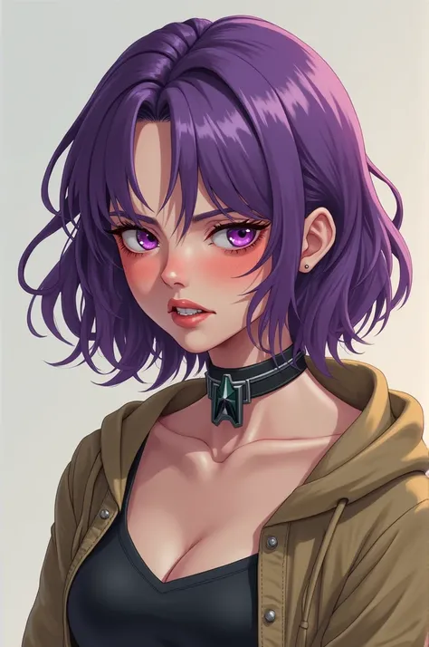  A woman with purple hair ,  with collar on her neck , with an angry expression on his face and blushes a little, with casual clothes. 