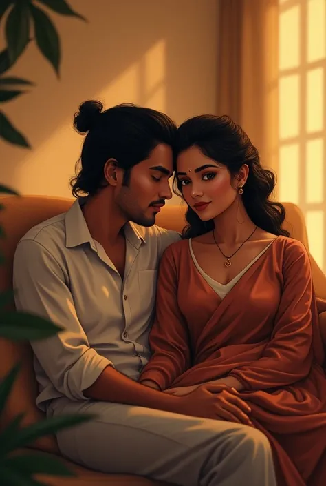 Illustration, Amazing,  masterpiece, highres,best illustration, best shadow,intricate,sharp focus,  high quality, 1male and 1female, couple, sitting on a couch, 1male,sitting  opposite, all Sri Lankan, cozy setting