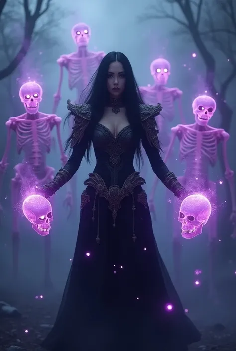 A cinematic shot of a beautiful and evil black hooded female necromancer, beautiful face features and black long hair, wearing skull armor, summoning purple glowing skeletons around her, glowing skulls, magical effects, cemetary in background, hkdeath. Ren...