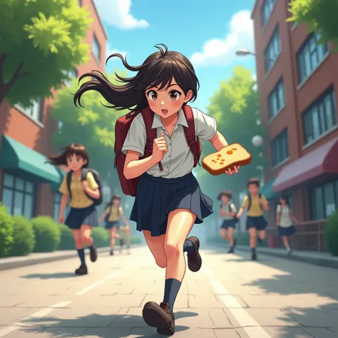 High school girl running while holding toasted bread, Going to school, behind time, try as hard as one can, Sprint 