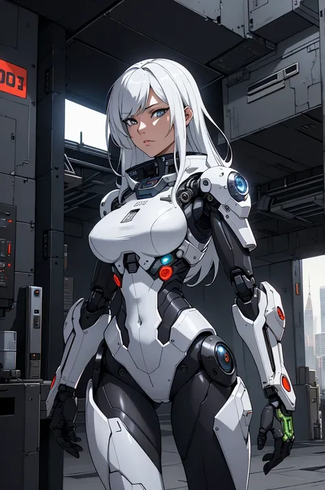 Dark_Fantasy,Cyberpunk, (Best Quality, masutepiece),white,1woman,Mechanical Marvel,Robotic presence,Cybernetic Guardian,wearing a cybernetic jacket,city, highest quality digital art, stunning art, Wallpaper 4k, Highly detailed, Military Robots,army, Warzon...