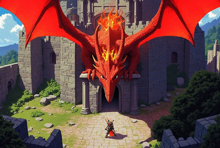 "img_2384.cr2: a highly detailed dragon with red wings and fiery scales, towering in front of an ancient stone castle in a fanta...