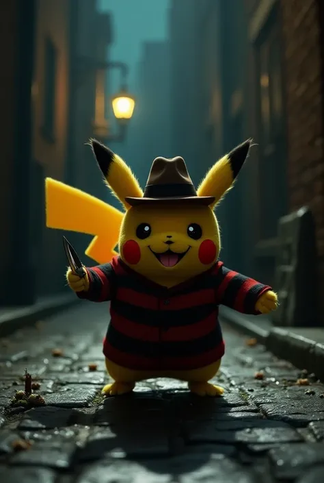 In a dark, deserted Victorian alley, Pikachu stands menacingly, dressed in a Freddy Krueger cosplay from Nightmare on Elm Street. Pikachu’s shadow eerily mimics Freddys iconic glove and hat, cast against the dimly lit alley walls. The atmosphere is Hallowe...