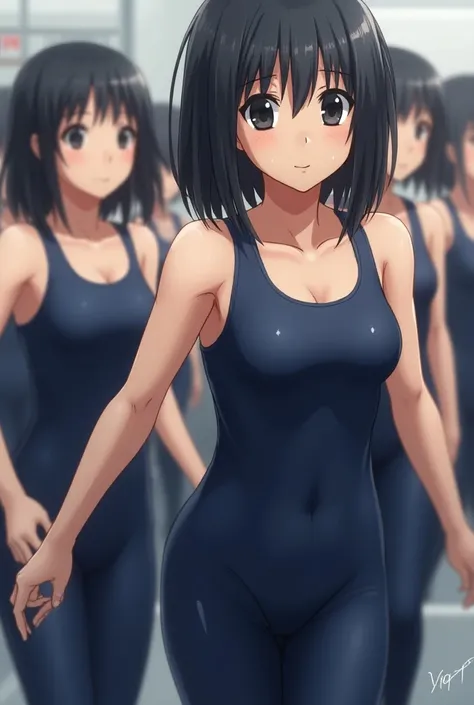 Junior high school students,Black Hair,Navy blue school swimsuit and short leggings,sweat,Small breasts,Low length,Best Quality, flat chest