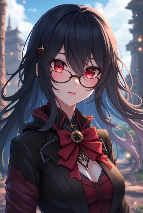 Girl 18 years old from game Genshin Impact with black hair, glasses and red eyes