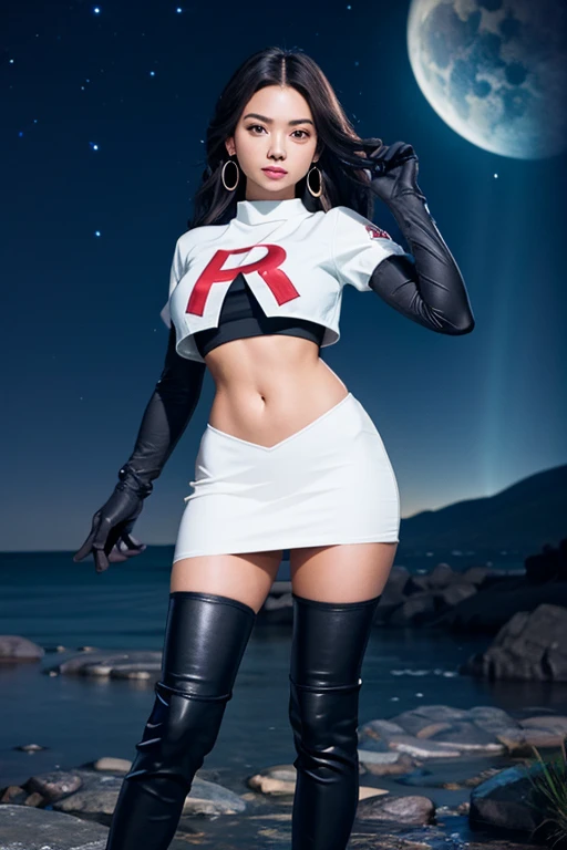 team rocket,team rocket uniform,white skirt,red letter R,crop top,black thigh-highs,black elbow gloves, night sky background, earrings, large breasts, high-heeled boots, 4 girls