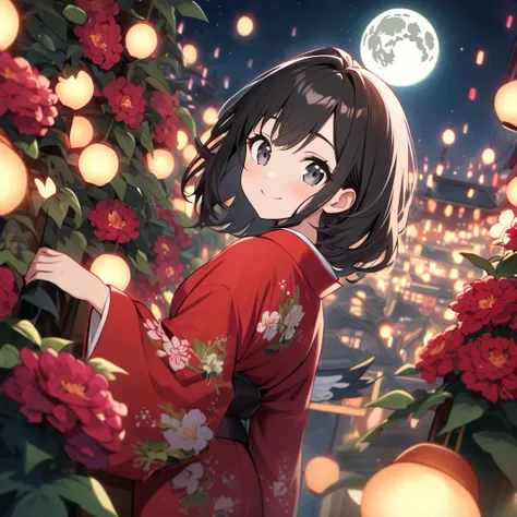 Woman, Age 25, happy, smile,  Staring at Viewers ,  Black Hair ,  black eyes , Big Eyes, kimono,  in a red Amaranthus flower garden,  with full moon , At night, cute, beautiful,  Relaxed Atmosphere , A vibrant academic community,  Bird&#39;s Eye View,  bes...