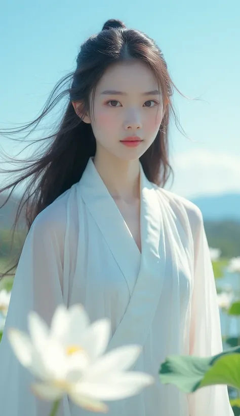 **Chinese girl, dressed in white Hanfu, white lotus leaves under pure blue sky, distant landscape, delicate features, Oriental minimalism, soft environment, dramatic linear complexity, shot with Canon r5 camera, 50mm lens, surreal skin, global lighting, ve...