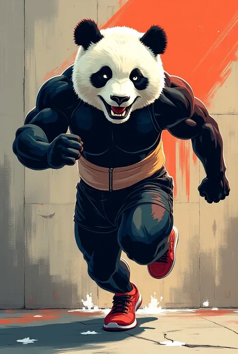  The best quality ,4k,8K,highres,detailed work,  I need an image to print on a t-shirt ,  a panda with a fitness body running, dressed in a short cafe , with a concrete mural background  ,aesthetic, intense and vivid colors  ,high altitude perspective,Stri...