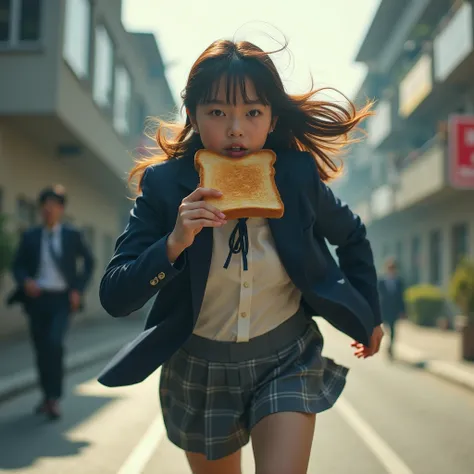 High school girl running while Mouth holding toasted bread, Going to school, behind time, try as hard as one can, Full Power Sprint, (Live-Action, ProfessionalPhoto), Ethereal and Haunting