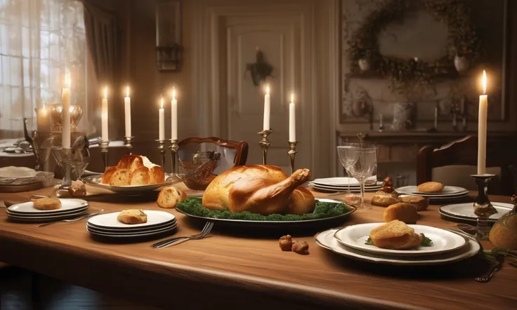 One a dinner table, there is a lone Piece of bread waiting on a serving tray along with several messy dinner plates. Vermin give thanks for the bounty and prepare to feast. Dinner hall
