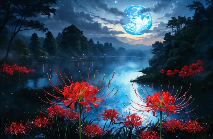 (masterpiece, Best Quality, Super detailed,, ), spiderlilies,red spider lilies,Lake ,blue moon,雲,spiderlilies,red spider lilies,night