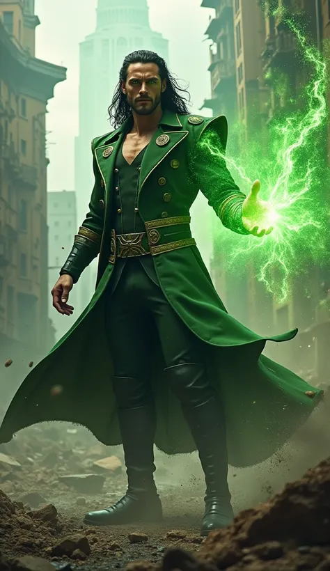 a handsome loki, Destroying a city With Hand Of Green, Mask Of God, highly detailed, 8k, photorealistic, cinematic lighting, dynamic camera angle, dramatic composition, cinematic color grading, epic scale destruction, architectural destruction, realistic d...