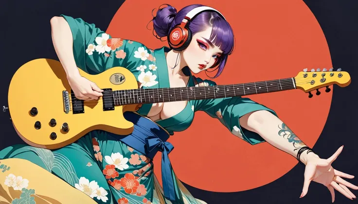 (((Ink Painting))), (((punk girl))), (((1 girl))), (((Flashy makeup))), (((Japanese style headphones))),((electric guitar)), (((japan pattern lingerie kimono))),SUPER BIG boob,(((TATOO))), Japanese beautiful girl, HAIRSTYLE, purple long Hair, Delicate and ...